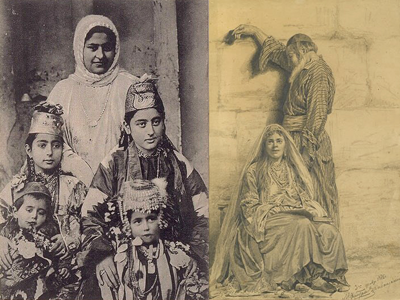 Справа: Бухарские еврейки. 1880-е гг. Слева: рисунок Льва Дмитриева-Кавказского. 1875 год.